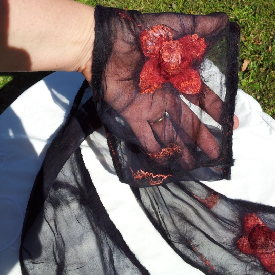 Roses on black scarf on hand