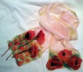 Poppies! Nuno felted summer scarf with tissue silk, merino wool, silk noile, silk tops, silk hankies.