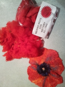 Non-felting 'merino' wool from back two petals with finished 2-petal poppy using my wool