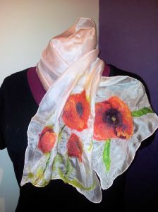 Hemmed soft, drapable nuno felted silk scarf with poppies at either end.