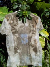 Back of eco-dyed tee in browns and blues